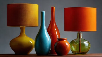 Colorful decorative lamps and vases arranged on a wooden table with soft lighting ambiance