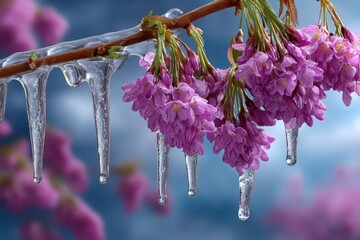 Frozen beauty: A delicate sprig of pink blossoms, encased in shimmering icicles, reveals the magic of winter's embrace on a cold and frosty spring morning.