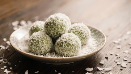 Fototapeta premium Coconut Matcha Energy Balls on a Plate, Healthy Snack.
