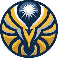Modern abstract circular emblem with stylized golden wings, silver accents, and a radiant starburst design on a dark blue background.