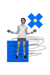 Fototapeta premium Vertical photo collage of serious sportsman hold rocket push ball tennis game sport activity competition isolated on painted background