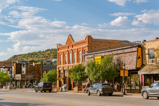 Steamboat Springs, CO, US-September 2, 2025: Charming western main street in town with mountains and ski slopes in background in summer.