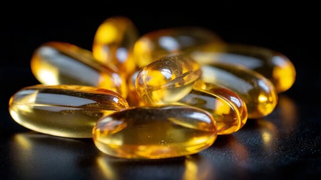 38Macro view of shiny omega-3 oil capsules, smooth glossy surfaces catching reflections, subtle shadows emphasizing form and texture