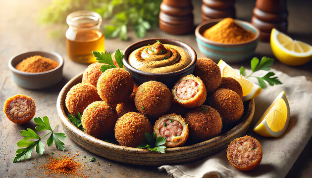 A photorealistic close-up of a plate of crispy fried boudin balls with mustard dipping sauce