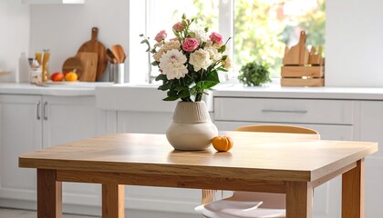 A sunlit kitchen scene features a bouquet of roses in a vase. A small pumpkin and a wooden table are the focal points, complemented by a window and countertops