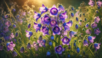 A stunning, photorealistic close-up of clustered bellflowers