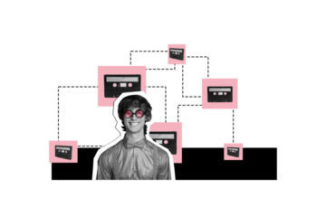 Composite trend artwork sketch image collage of beige color space monochrome miniature young man listen music cassette retro obsolete