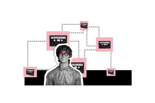 Composite trend artwork sketch image collage of beige color space monochrome miniature young man listen music cassette retro obsolete