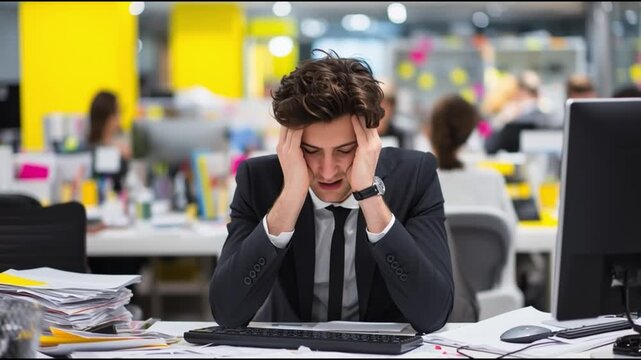 A stressed businessman sitting at his desk, surrounded by paperwork, experiencing work-related pressure in a modern office environment.