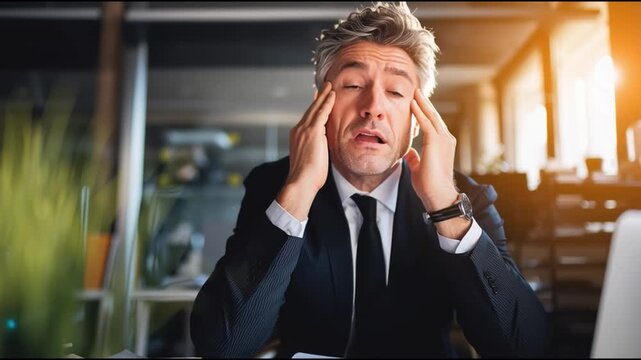 A stressed man in formal attire holds his head in frustration while working at a desk with a laptop and papers.