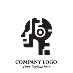 Head of Robot Logo Symbol in Black on the White Background Futuristic Minimalist Illustration