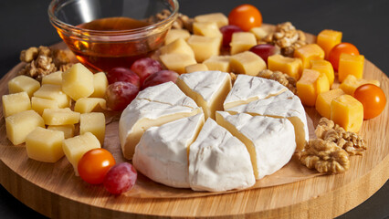 A wooden board with a variety of cheeses and fruits, including a wedge of cheese with a walnut on top