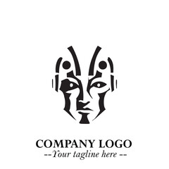 Head of Robot Logo Symbol in Black on the White Background Futuristic Minimalist Illustration