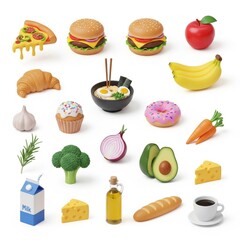 A vibrant assortment of various food and drink items, including fruits, vegetables, and prepared meals, arranged on a white surface.