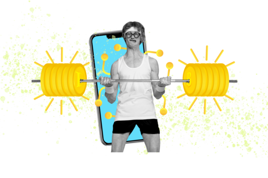 Creative trend collage of funny sportsman bitcoin earning money currency golden coins lifting barbell weird freak bizarre unusual fantasy - Powered by Adobe