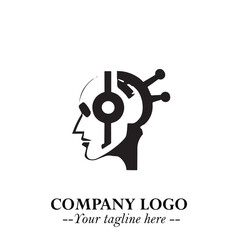 Head of Robot Logo Symbol in Black on the White Background Futuristic Minimalist Illustration