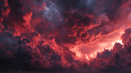 Dramatic crimson sky filled with dark clouds and flames. Disaster, battle, blast, and fire theme. Terrifying atmosphere. Banner for web with wide red backdrop and design area. Panoramic vie 81559074 1