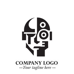 Head of Robot Logo Symbol in Black on the White Background Futuristic Minimalist Illustration