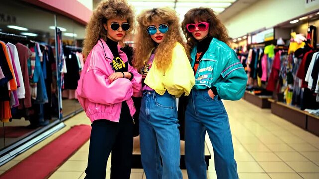 Vibrant 1980s fashion scene, three women in bright neon clothing, enjoying a shopping lifestyle, with colorful garments and retro accessories.
