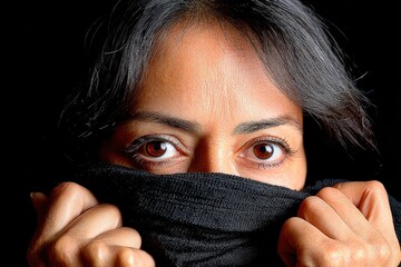 Intense portrait of a woman with dark hair and deep brown eyes, partially obscured by a black cloth, against a stark black background, evoking mystery.