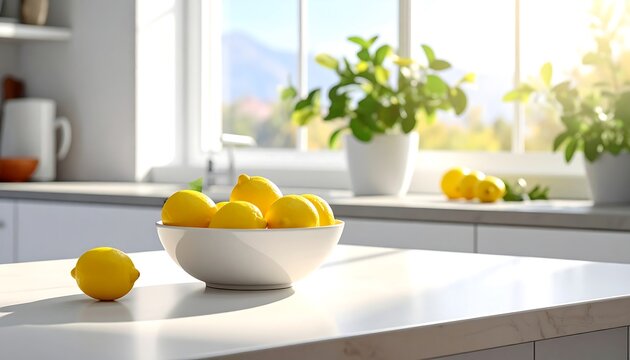 A sunlit kitchen scene with a bowl of lemons on a bright countertop. A sunny view through the window adds warmth - Powered by Adobe