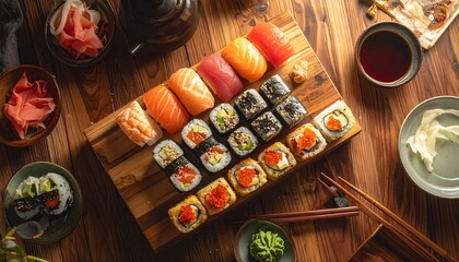 A top-down view presents a wooden platter brimming with a variety of sushi rolls. Ginger, soy sauce, and wasabi complete the dining experience