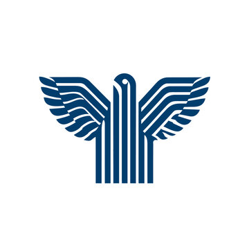 Abstract geometric eagle logo, stylized bird symbol, modern design with blue parallel lines on white background, corporate identity element.