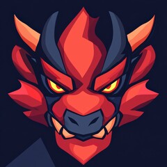 Fierce red and black dragon head mascot logo with glowing eyes.