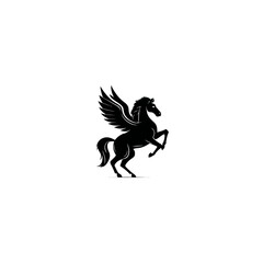 Fototapeta premium Majestic black silhouette of a winged horse rearing, a powerful mythical creature representing freedom, fantasy, and strength, isolated on white.