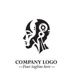 Head of Robot Logo Symbol in Black on the White Background Futuristic Minimalist Illustration