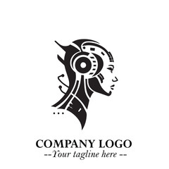 Head of Robot Logo Symbol in Black on the White Background Futuristic Minimalist Illustration