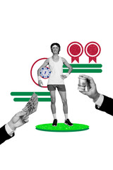 Composite trend artwork sketch image photo collage of miniature young man hold playing chip gambling jackpot winner earnings money rich