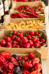 Fresh vegetables at small local urban market. Organic produce on sale at outdoor farmer market. Selling fresh crops and veggies harvest. European urban setting. Close up. Part of the series