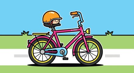 Child riding pink bicycle on sunny road wearing helmet enjoying outdoor activity and having fun in a whimsical style.