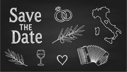 Chalkboard 'Save the Date' collection featuring charming Italian wedding and celebration symbols drawn on a vintage blackboard texture