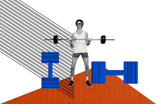 Creative photo collage picture young sportsman lift dumbbell muscles intense workout training practice gym drawing background - Powered by Adobe