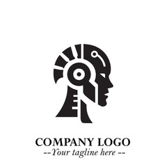 Head of Robot Logo Symbol in Black on the White Background Futuristic Minimalist Illustration