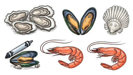 Hand-drawn collection of fresh seafood elements, including oysters, mussels, shrimp, and scallops, perfect for menu design or culinary themes