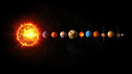 Solar System Planets Illustration with Sun, Black Background, High Detail Science Diagram