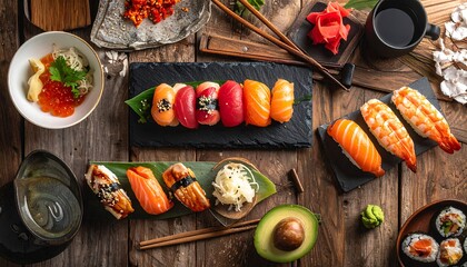 A top-down view reveals a vibrant array of sushi, nigiri, rolls, and accompaniments on a rustic wooden table. Bamboo chopsticks are also visible