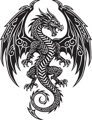 Tribal Black Dragon with Ornate Wings on White Background