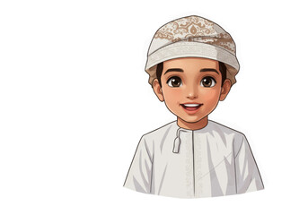 A young Arabian boy in traditional Omani attire, wearing a Kummah cap and dishdasha, with a friendly smile