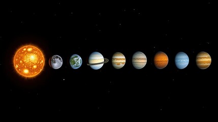 Solar System Planets Illustration with Sun, Black Background, High Detail Science Diagram