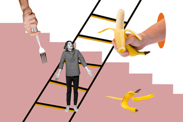 Creative collage young man ladder banana fruit fork tool kitchenware hand body fragment peel hold exotic meal nutrition drawing background