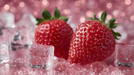 Close-up of strawberries with icy cubes and sugar granules, vibrant red against pink background, sparkling freshness emphasized - Powered by Adobe