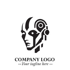 Head of Robot Logo Symbol in Black on the White Background Futuristic Minimalist Illustration