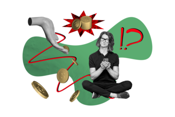 Composite photo collage of minded geek guy hold iphone device income dollar success transaction freelance isolated on painted background