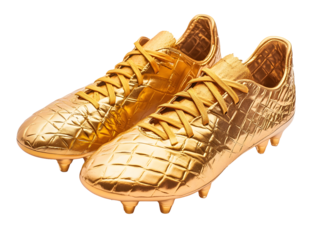 Prestigious golden football boots displaying elite craftsmanship and athletic excellence isolated on transparent background