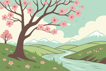 Obraz premium A serene, vibrant illustration of a spring landscape featuring cherry blossoms.