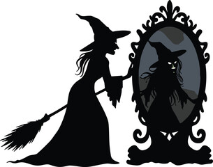 Witch silhouette with broomstick and ornate mirror reflection, spooky Halloween artwork, mystical fantasy character, magical folklore design, eerie transformation illustration